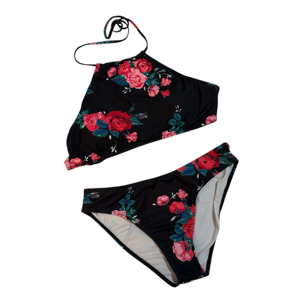 Ekouaer High Neck Halter Bikini Top Floral Swimsuits Two Piece Bathing Suit M
